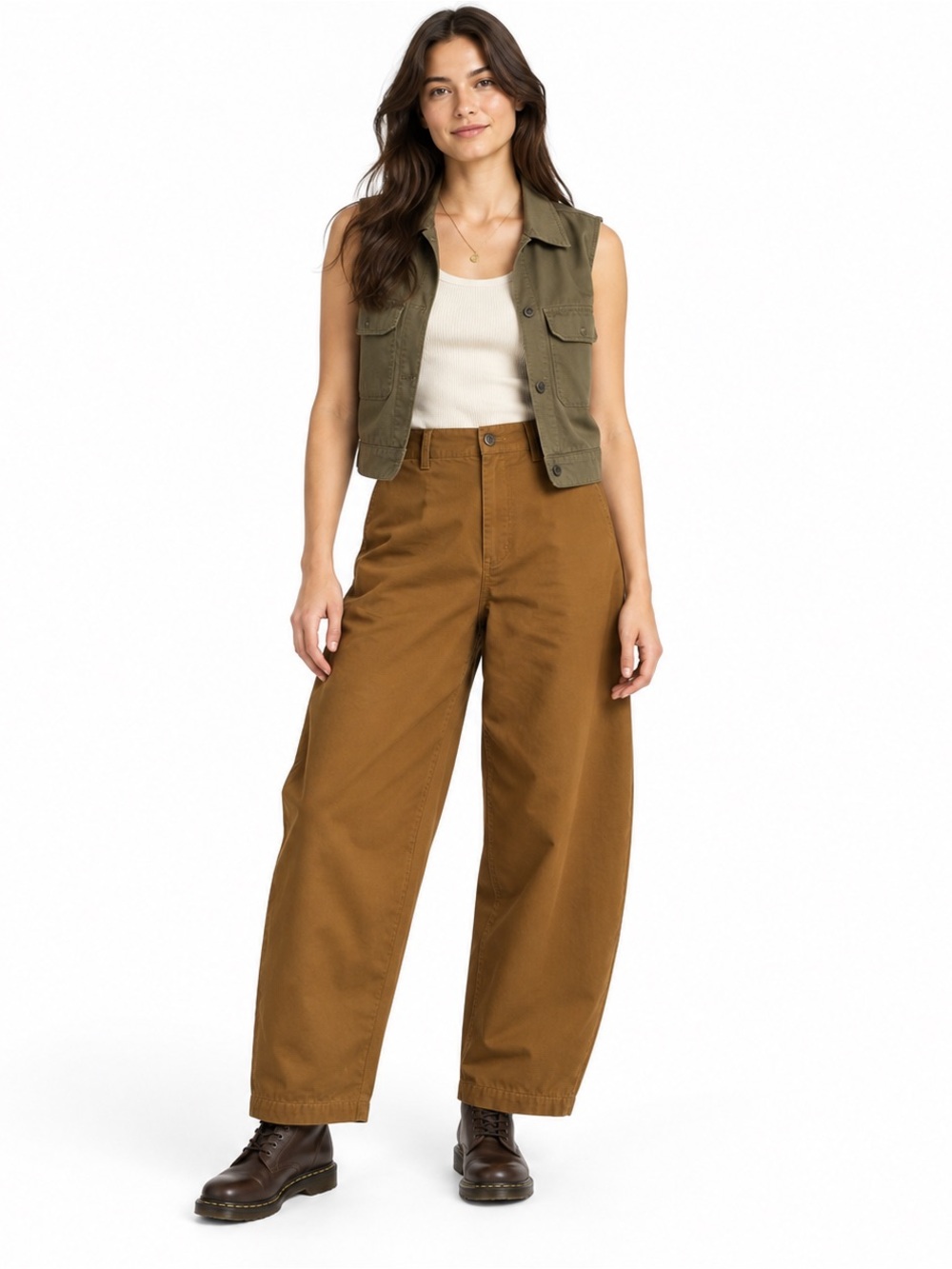 UNIQLO U Wide-Fit Curved Pants Size 10 Brown Cotton Barrel Leg Chinos